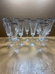 Set Of 11 Unbranded Crystal Champangne Flute Glasses With Silver Band Silver Co (?)