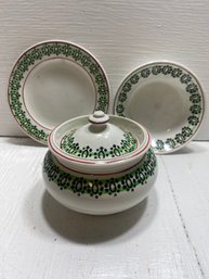 Set Of 3 Red, Green, And Cream Colored Bowl, Plate, And Sugar Bowl