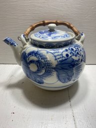 Unmarked Oriental Blue Floral Teapot With Bamboo Handle