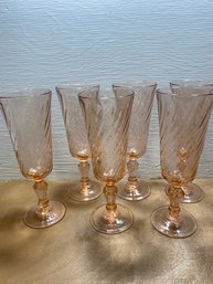 Set Of 6 French Swirl Pink Depression Glass Champagne Flute Glasses