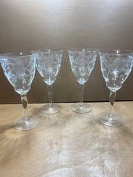 Set Of 4 Etched Floral Goblet Wine Glasses