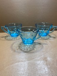 Set Of 3 Blue Hazel Atlas Capri Dot Tea Cup Mugs