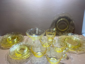 Vintage Set Of 16 Lancaster Jubilee Yellow Depression Glass Plates, Cups, And More