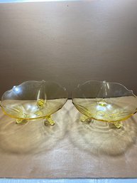 Set Of 2 Vintage Yellow Depression Glass Footed Bowl Dishes Lancaster (?)