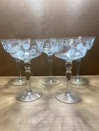 Set Of 5 Etched Floral Crystal Sherbert Wine Glasses