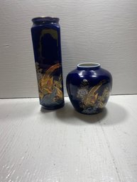 Set Of 2 Oriental Blue Bird Vases Porcelain (?)