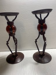 Set Of 2 Orange And Brown Candle Holders