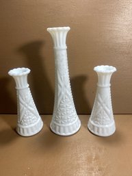 Set Of 3 Milk Glass Bud Vases