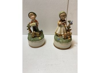 Lot Of 2  Porcelain Bisque Boy And Girl Music Boxes
