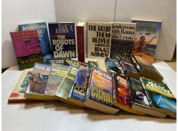 Lot Of 24 Science Fiction Books H.g Wells,isaac Asimov,and Arthur Clarke