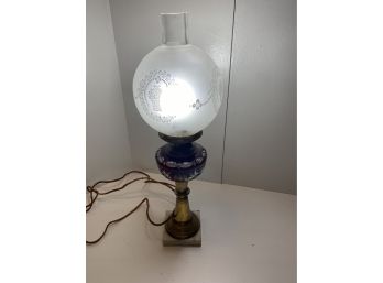 Vintage Bohemian Red Glass Lamp With Marble And Brass Base And Frosted Globe WORKS!