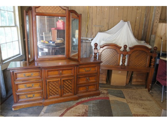 Dixie Breakfront Dresser And Mirror With Full Headboard & Rails