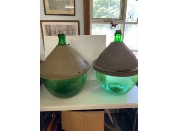 2 Vintage Green Glass Demijohns