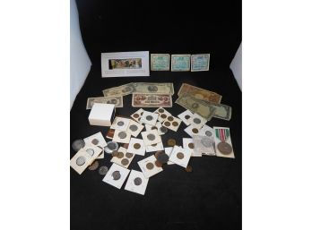 Lot Of US &  Foreign Coins,currency & Stamps