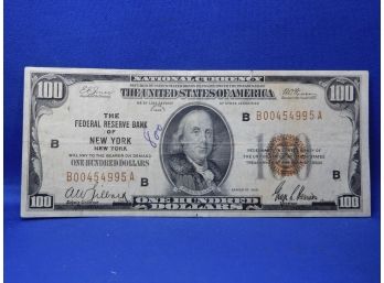1929 $100 One Hundred Dollars New York, NY National Currency Note