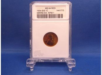 1954 S Over S Re Punched Mint Mark Lincoln Wheat Cent MS 64 Red ANACS