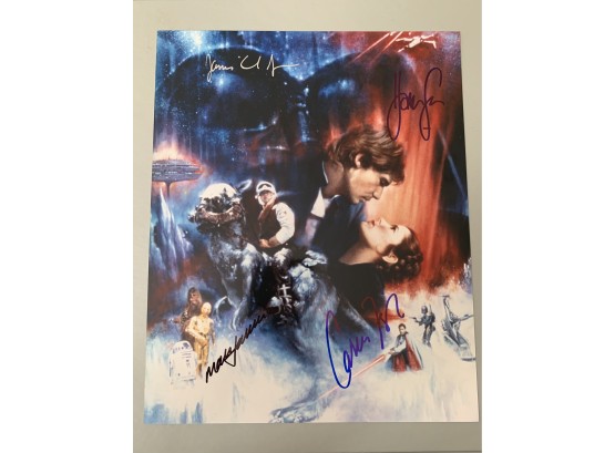 Signed 8 X 10 Glossy Photo Star Wars Cast - Harrison Ford, Carrie Fisher, James Jones, And Mark Hamill W/ COA