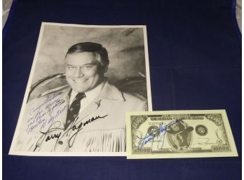 2 Larry Hagman Signed Items - Photo & 10,000 Bill