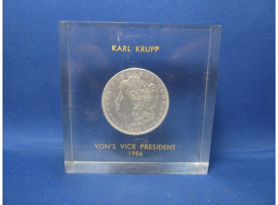1903 Morgan Silver Dollar In Platic Paper Weight Vons Vice Preident 1956