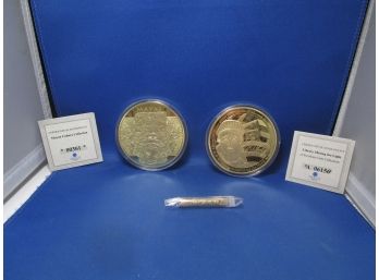 2 Large Medallions Mayan Calendar & Statue Of Liberty Gold Medals