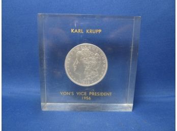 1903 Morgan Silver Dollar In Platic Paper Weight Vons Vice Preident 1956