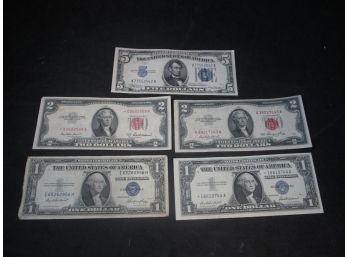 Currency Lot 1935 $1 Silver Certificates 2 Red Seal $2 Bills 1 $5 Silver Certificate
