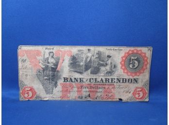 1864 $5 Obsolete Currency Note Bank Of Clarendon North Carolina Civil War Era