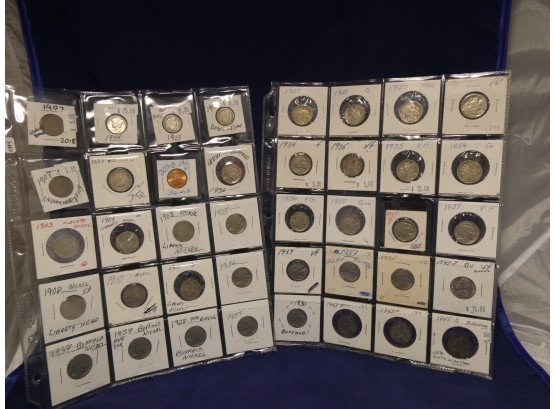 Nice Type Set Lot Of 40 US Coins Barber Dimes, Victory & Buffalo & Silver Nickels