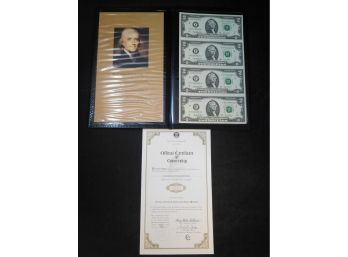 Uncut Sheet Of 4 2003 $2 Small Size Federal Reserve Notes