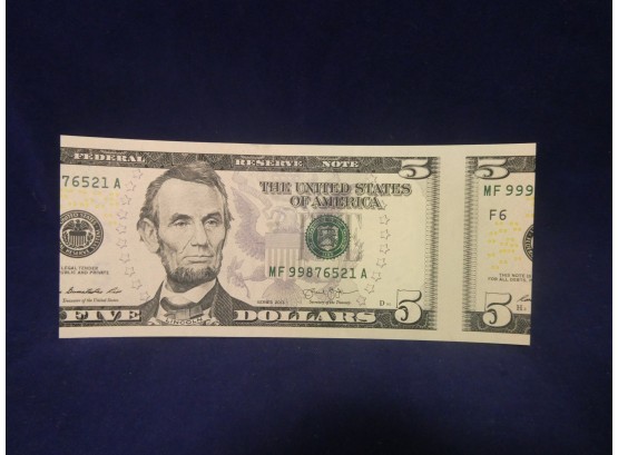 2013 $5 Federal Reserve Note - Miscut From Sheet