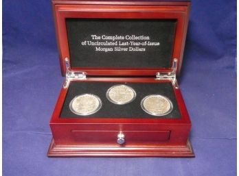 Complete Last Year Of The Morgan Dollar 3 Coin Set In Wooden Box