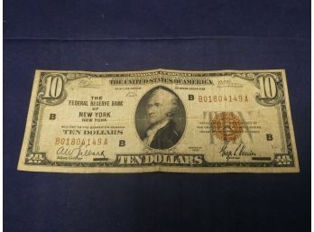 1929 National Currency Federal Reserve Bank Of New York $10 Note