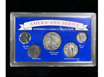 Americana 5 Coin Set Walking Liberty Half Dollar, Standing Quarter, Mercury Dime, Buffalo Nickel, Steel Cent