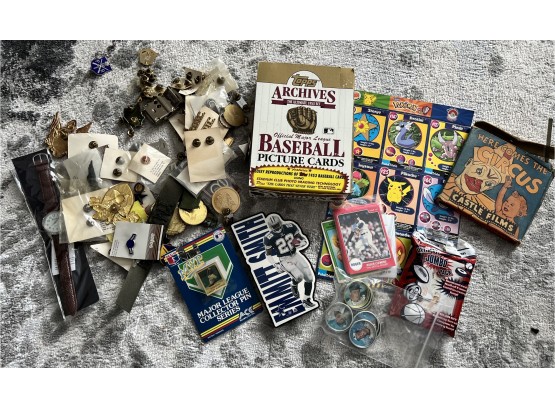Box Lot Of Military Pins, Baseball Pokeman Cards & Other Stuff