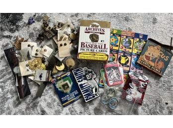 Box Lot Of Military Pins, Baseball Pokeman Cards & Other Stuff