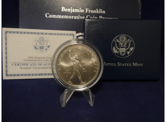 2006 Benjamin Franklin Scientist Uncirculated Silver Dollar Coin - Original Box And COA