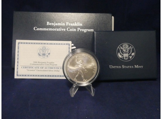2006 Benjamin Franklin Scientist Uncirculated Silver Dollar Coin - Original Box And COA