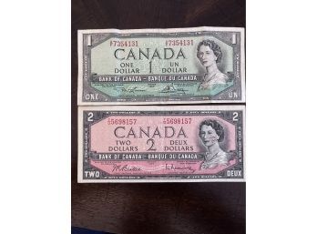 Canadian Currency Lot $1 And $2 Notes