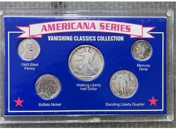 Americana 5 Coin Set 1918 S Walking Liberty  Half , Standing Quarter, Mercury Dime, Buffalo Nickel, Steel Cent