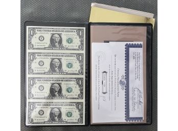 Uncut Sheet Of 4 2003 $1 Small Size Federal Reserve Notes