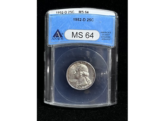1952 D Washington Silver Quarter - ANACS MS64