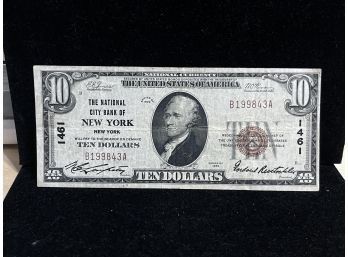 1929 National Currency National City Bank Of New York $10 Note