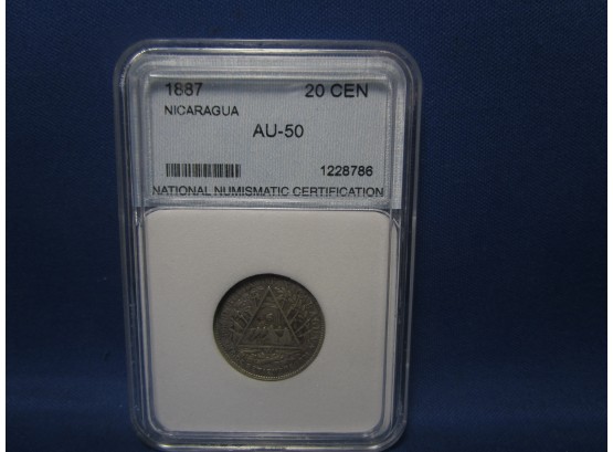 1887 Nicaragua 20 Cent 80% Silver Coin AU