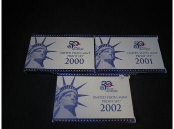 3 United States Proof Sets 2000 , 2001 , 2002 With State Quarters