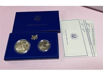 1986 US Silver Liberty Uncirculated Commemorative Dollar & Half Dollar - Box & COA - Low Mintage