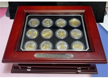 Platinum And Gold Highlighted Clad U.S. Commemorative Half Dollars In Wood Display Box