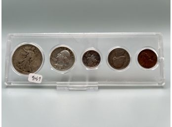 1938 5 Coin Year Set With Walking Liberty Silver  Half Dollar