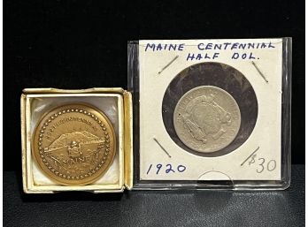 1920 Maine Commemorative Silver Half Dollar & 1970 Maine Sesquicentennial Medal