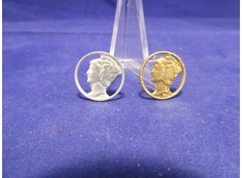 2 Vintage Jewelry Cut Out 1945 Mercury Dime Silver Coins 1 Gold Plated