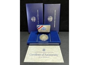 1987 US Mint Constitution Commemorative Proof Silver Dollar - Original Box & COA